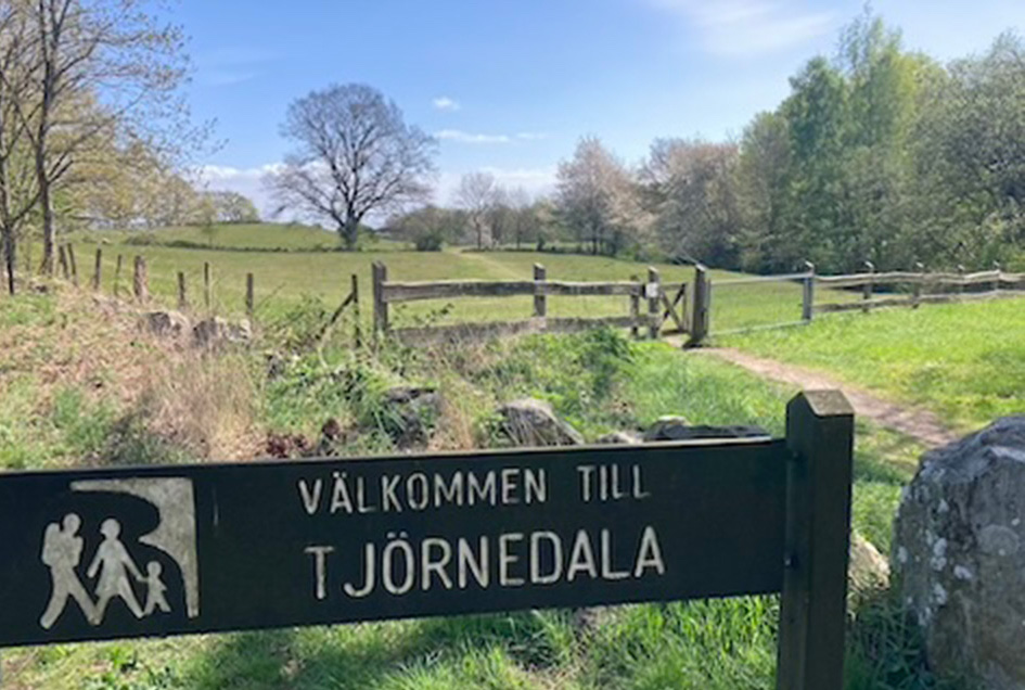 naturbild med lövskog och hage med skylten Välkommen till Tjörnedala i förgrunden.